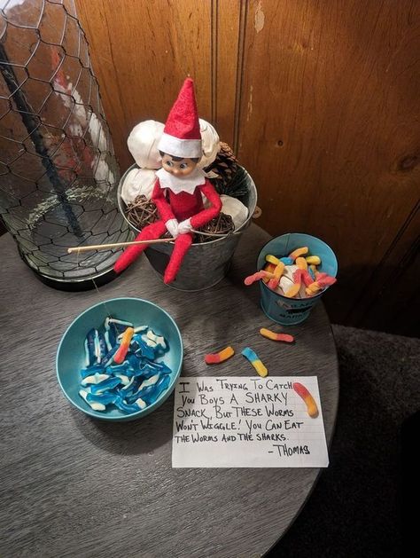 Elf On The Shelf Ideas!!! | My husband wanted no part of the elf shenanigans | Facebook Elf On The Shelf Ideas For Husband, Elf On The Shelf Gone Fishing, Elf Gone Fishing, Late Elf On The Shelf Ideas, Elf On The Shelf Ideas Fishing, Elf On The Shelf Fishing, Elf Fishing, Elf Shenanigans, Fishing Poles