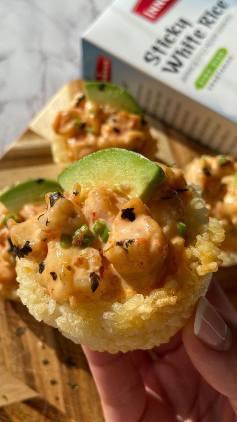 Spicy Shrimp Crispy Rice Cups | the ULTIMATE snack or appetizer✨ I love using @EatInnovAsian Sticky White Rice for sushi, onigiri & so… | Instagram Spicy Shrimp Crispy Rice Cups, Crispy Rice Shrimp Bites, Shrimp Sushi Cups, Crispy Rice Cups, Shrimp Recipes Asian, Shrimp Onigiri, Coco Rice, Rice For Sushi, Sushi Onigiri