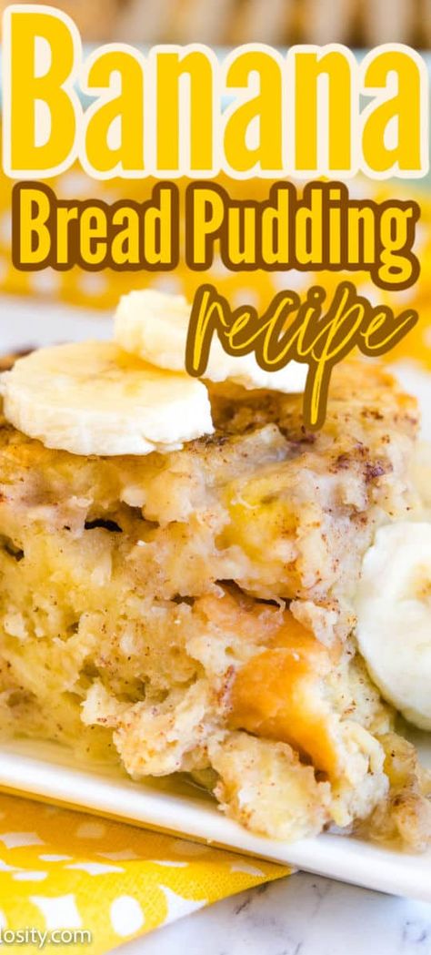 The combination of banana bread and bread pudding, this decadent dessert is easy to make and FULL of comfort food flavors! #banana #dessert #bread #pudding #easy Bread Pudding With Banana Bread, Banana Bread Pudding Recipes, Banana Pudding Banana Bread Recipe, Banana Pudding Bread Recipe Easy, Bread Pudding With Bananas, Banana Bread Pudding Easy, Banana Bread Pudding Recipe Old Fashion, Banana Pudding Banana Bread, Recipes That Use Lots Of Bananas