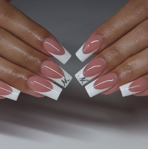 so pretty & perfect 🤍 • • • #nailzzbylo #nailsnailsnails #nails #classynails #frenchnails #nailart #naildesign #whitenails #acrylicnails #chromenails #prettynails French Nail Tips Acrylics, Acrylic Nail Design With Initials, French Tip Initial, Short Nail Designs With Initials, Nail Ideas Boyfriend Initial, White Initial Nails, Nails Coffin French Tip, White French Tip Nails With Initial, French Tips Coffin