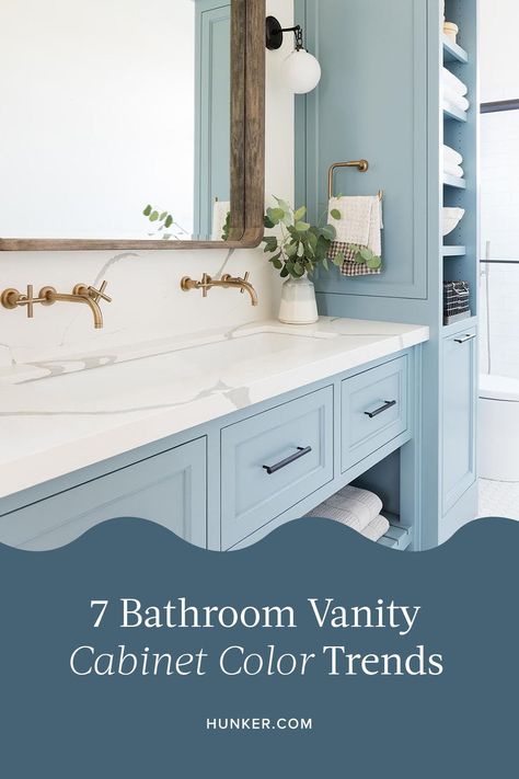 In 2019, we saw the beginnings of the wellness trend, and you should expect that to continue even stronger in 2020. That means bathroom cabinet hues that contribute to a spa-like atmosphere, and colors that inspire tranquility and a sense of calm. #hunkerhome #trends #bathroom #bathroomtrends #bathroomcabinet Colorful Vanity Bathroom, Vanity Colors For Bathroom, Blue Painted Vanity Bathroom, Bathroom Colorful Cabinets, Beachy Bathroom Vanity, Popular Bathroom Vanity Colors, Coastal Bathroom Cabinet Colors, Beach Master Bath, Blue Bathroom Cabinets Vanities