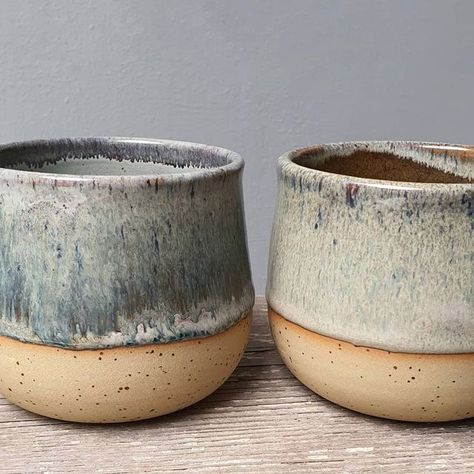 Michelle van Andel on Instagram: "Glazed with Amaco Amaco Potter's Choice Toasted Sage and Iron Lustre. Clay body G&S 933. These tumblers were both glazed with the same glazes, just in a different order. Tumbler on the left is Iron Lustre over Toasted Sage. #pottery #ceramics #céramique #ceramica #keramiek #keramik #wheelthrown #stoneware #poterie #simplepottery #rusticpottery #glazingpottery #functionalpottery #glaze #ceramicglaze #instapottery #howiamaco #haveagoodclay #pottersofinstagram # Amaco Iron Lustre, Amaco Glaze Layering, Kiln Projects, Glaze Combinations, Glaze Combos, Amaco Glazes, Ceramic Glaze Recipes, Rustic Pottery, Rustic Ceramics