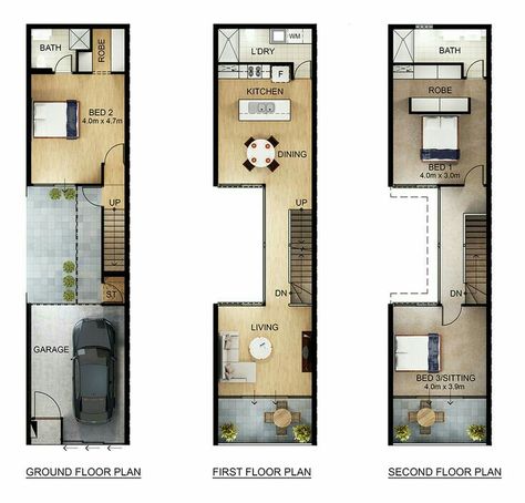 Studio Layout Floor Plans, Apartment Studio Layout, Kitchen Galley, Narrow House Designs, Narrow House Plans, Studio Layout, Narrow Lot House, Apartment Studio, Outdoor Space Design