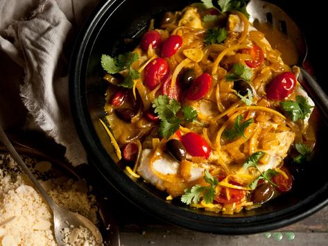 Moroccan fish tagine with almond couscous | Women's Weekly Food Moroccan Fish Tajine, Fish Tagine, Moroccan Fish, Tagine Recipes, Moroccan Dishes, Fish Stew, Food Signs, Lemon Rind, Latest Recipe