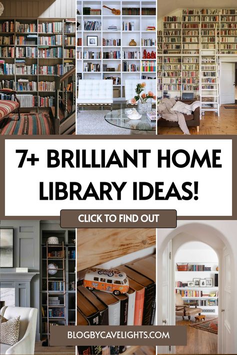 7 home library ideas Library Basement Ideas, Hidden Library In House, Library Styling, Garage Lighting Ideas, Home Library Aesthetic, Libraries In Houses, Corner Library, Home Library Ideas, Home Library Design Ideas