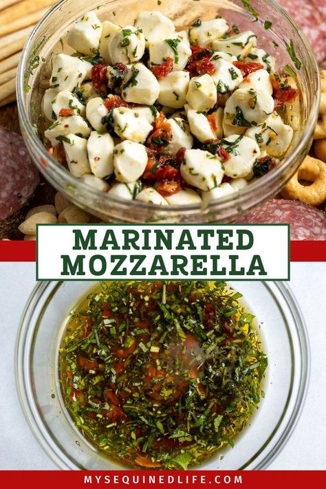 A bowl of marinated mozzarella pearls on an antipasto platter and the bowl of herb seasoned olive oil. Mozzarella Cheese Balls Recipe, Mozzarella Appetizers, Marinated Mozzarella, Marinated Cheese, Mozzarella Pearls, Mozzarella Balls, Skewer Appetizers, Antipasto Platter, Party Snack Food