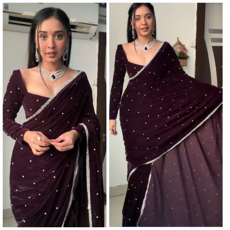 Maroon Blouse Designs, Wine Colour Saree, Sari Party Wear, Pre Stitched Saree, One Minute Saree, Velvet Saree, Wine Colour, Stitched Saree, Saree Bollywood