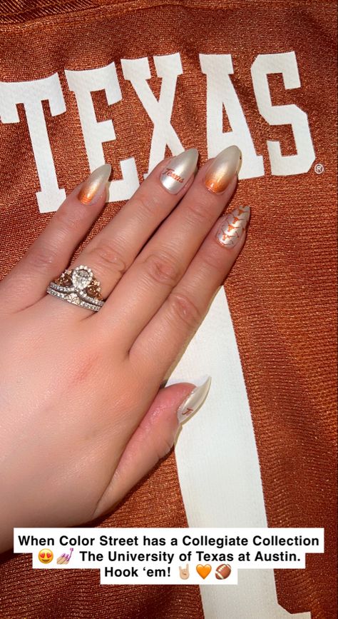 My nails!! When Color Street has a Collegiate Collection 😍💅🏼 The University of Texas at Austin. Hook ‘em! #texas #longhorns #universityoftexas #hookem #colorstreet #becolorstreet #collegiatecollection #nailart #nailsoftheweek #mani #manicure #manioftheweek 🤘🏼🧡🏈 Texas Longhorns Nail Designs, Ut Austin Nails, Ut Longhorn Nails, Texas Longhorns Nails, Texas Longhorn Nails, Ut Nails, Longhorn Nails, Texas University Longhorns, Country Acrylic Nails