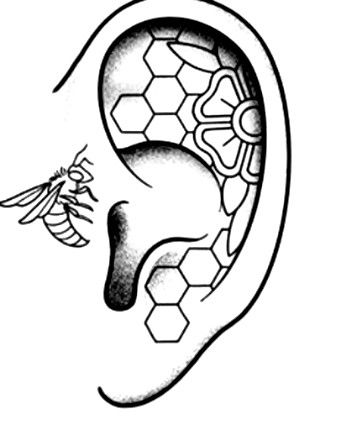 Unique Bee Tattoo Ideas, Same Tattoos Ideas, Honeycomb Ear Tattoo, Bee Tattoo Ear, Bee Ear Tattoo, Under Jawline Tattoo, Ear Tattoo Stencil, Honeycomb Neck Tattoo, Beanie Tattoo