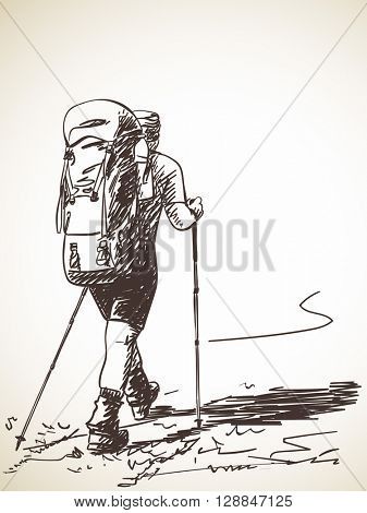 Mountain Vector, Camping Tattoo, Camping Drawing, Trekking Backpack, Big Backpack, Backpack Drawing, Mountain Drawing, Man Sketch, Manga Drawing Tutorials