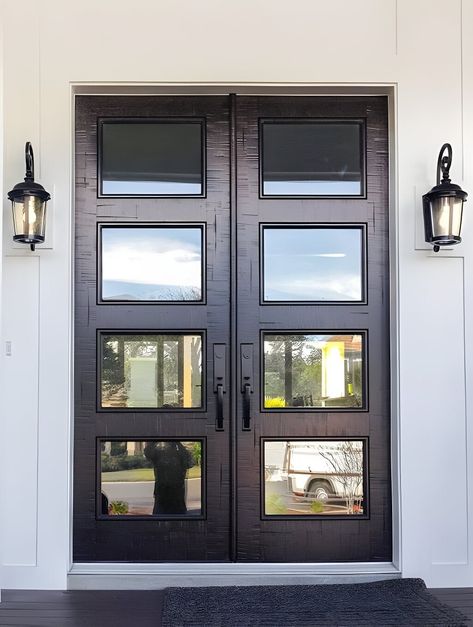 Modern Front Doors Ideas, Modern Black Double Front Door, Modern Transitional Front Door, Double Front Doors Modern, Front Double Doors Entryway, Double Front Entry Doors Modern, Modern Double Front Door, Modern Front Door Entrance, Modern Double Doors Entrance