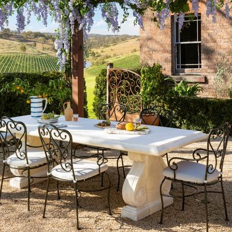 Roman Stone 2600 Table with 6 Manette Black Chairs Package - Outdoor Packages - Outdoor French Provincial Design, Storage Solutions Bedroom, Charleston Homes, Outdoor Stone, Early Settler, Stone Table, Stone Dining Table, Concrete Table, The Calm