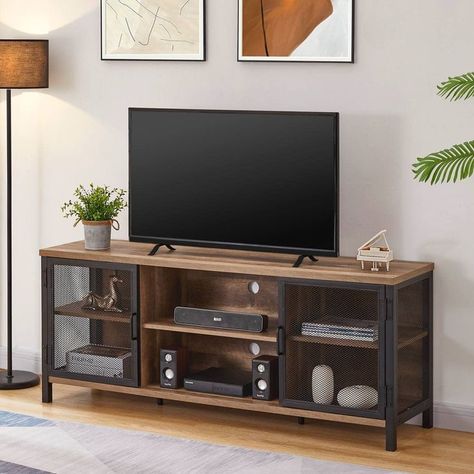 FATORRI Industrial Entertainment Center for TVs up to 65 Inch, Rustic Wood TV Stand, Large TV Console and TV Cabinet for Living Room (60 Inch Wide, Rustic Oak) Large Tv Console, Industrial Entertainment Center, 65 Inch Tv Stand, Rustic Tv Stand, Wooden Tv Stands, Large Tv, Entertainment Console, Console Cabinet, Tv Stand Wood