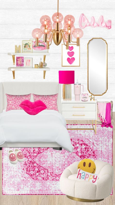 Preppy Room With Wallpaper, Girly Pink Bedroom Wallpaper, Preppy Bedroom Wallpaper Pink, Preppy Pink Peel And Stick Wallpaper, Dream Teen Bedrooms, Hot Pink Zebra Wallpaper For Bedroom, Hot Pink Room, Room Wishlist, Preppy Bedroom