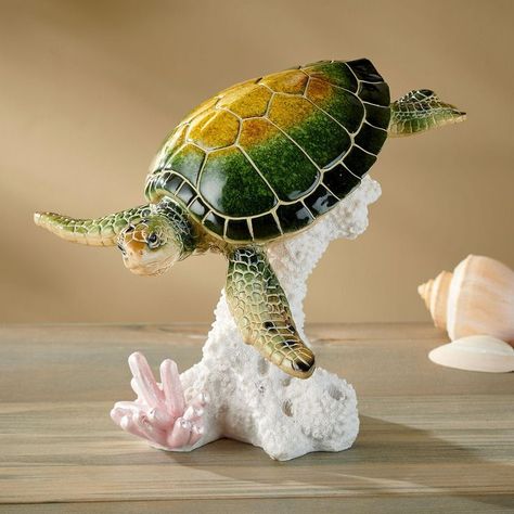 Sea Turtle Sculpture, Turtle Clay Sculpture, Ceramic Turtles, Turtle Things, Colorful Sea Turtle, Street Chalk Art, Types Of Turtles, Ocean Room Decor, Coral Sculpture