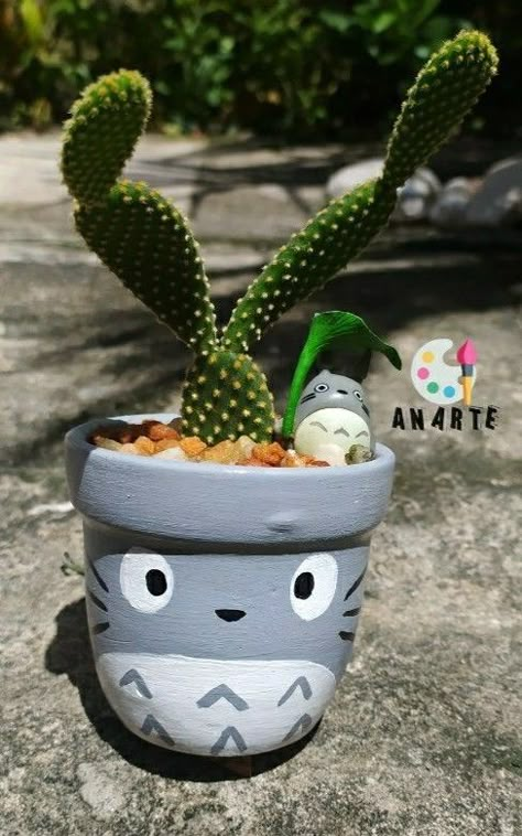 Things To Paint On Plant Pots, Clay Crafts Flower Pot, Studio Ghibli Flower Pot, Studio Ghibli Garden Ideas, Studio Ghibli Plant Pot, Totoro Plant Pot, Ghibli Plant Pot, Totoro Vase, Painted Plant Pot Ideas