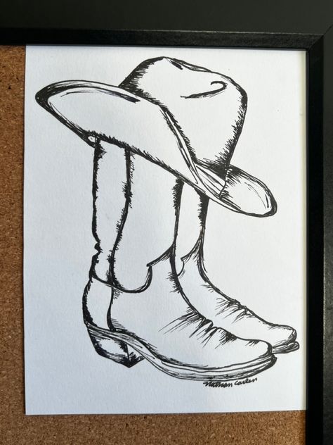 Cowgirl Sketch Pencil Drawings, Cowgirl Boots Drawing Easy, Cowboy Boots With Hat Tattoo, Country Sketches Easy, Cowgirls Drawing, Cowboy Hat And Boots Drawing, Cowboy Boots Drawing Reference, Cowboy Boot Drawing Easy, Cowboy Boots Sketch