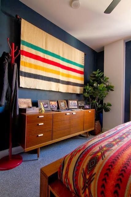 The Hudson's Bay Point Blanket / Pendleton Glacier National Park Blanket via @dcwdesign blog. Pendleton Bedroom, Pendelton Blankets, Park Blanket, Hudson Bay Blanket, Dallas House, Navy Walls, Pendleton Blanket, Hudson Bay, Unique Wall Decor