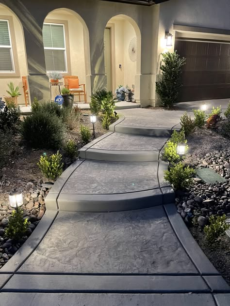 Front Walkway Steps, Walkway Stairs To Front Door, Front Patio Concrete Ideas, Concrete Front Entrance Ideas, Backyard Concrete Walkway Ideas, Stamped Concrete Stairs Front Steps, Front Stairs And Walkway Ideas, Walkway Steps To Front Door, Front Walkway Stamped Concrete