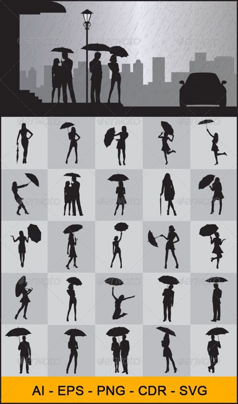 People with Umbrella Silhouettes - People Characters Rain Drawing, Umbrella Drawing, Silhouette People, People Dancing, Crayon Art, Foto Tips, Photography Posing Guide, Posing Guide, Silhouette Art