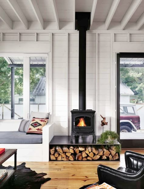 From classic and traditional to modern and eclectic, the design options are absolutely endless when it comes to modern fireplace design to create a cozy and comfortable living space. 💫 Whether you prefer the charm of a wood-burning stove or the convenience of an electric fireplace, there is a style and fireplace type to complement any home. #homedecor #homeinspiration #cozyliving #cozydecor #cozyroom #decor #decorideashome A Frame Cabin Fireplace, Wood Stove Room Divider, Wood Burning Stove Sunroom, Wood Burning Stove Middle Of Room, Wood Burning Stoves Living Room Ideas, Wood Burning Stove Hearth Ideas, Electric Wood Burning Stove, Midcentury Fireplaces, Living Room With Wood Stove