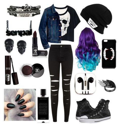 "Leave me alone " by im-used-to-ignorance ❤ liked on Polyvore featuring J.Crew, Vans, Converse, Tarina Tarantino, Manic Panic, Chanel, Agonist, ASOS and PhunkeeTree Cute Emo Outfits, Goth Outfit, Teenage Outfits, Scene Outfits, Emo Dresses, Tomboy Outfits, Emo Outfits, Punk Outfits, Tween Outfits