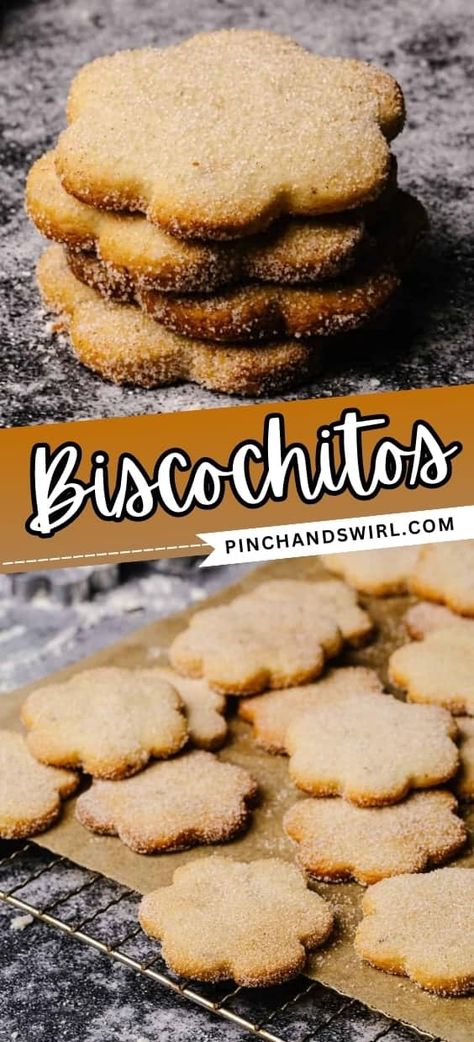 Biscochitos, the official state cookie of New Mexico, are a standout treat flavored with aromatic anise seeds and enhanced with a warm blend of cinnamon and brandy. Lard is the secret to their delicately crumbly texture. Rolled, cut, and twice-coated in cinnamon sugar, they're a unique combination of sweet and spice. Perfect for anyone looking to try something different in their baking! Mexican Spice Cookies, Mexican Anise Cookies, Biscochitos Recipe Mexico, Mexican Christmas Cookies Recipes, Biscochitos New Mexico, Mexican Cinnamon Cookies, Panko Cookies, Mexican Cookies Decorated, Masa Cookies