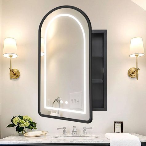 PRICES MAY VARY. 【Arched Medicine Cabinet with Mirror】The top of the mirror cabinet adopts arch design, the appearance is unique, circular arc line is smooth, the door panel with magnetic buckle, more safe, in line with your bathroom decoration style, the door opens from right to left, please pay attention to your reserved space before purchase. 【High Quality Metal Framed Mirror Cabinet】Black medicine cabinet with mirror adopts metal cabinet, no copper silver mirror, glass shelf, more stable, wa Master Bath Medicine Cabinet Ideas, Bathroom With 2 Mirrors Master Bath, Bathroom Mirror Off Center Sink, Bathroom Mirror With Shelves, Recessed Medicine Cabinet Ideas, Round Medicine Cabinet Mirror, Arched Medicine Cabinet, Bathroom Mirrors With Storage, Modern Medicine Cabinet Mirror