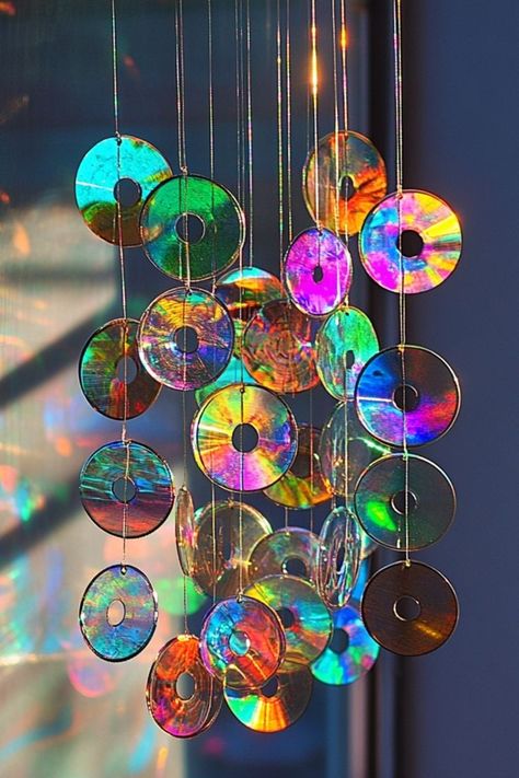 Create a beautiful DIY sun catcher with old CDs for a colorful, upcycled decor piece that catches light beautifully! #SunCatcher #UpcycledCrafts #EcoFriendlyDecor Upcycle Cds Diy Crafts, Sun Catchers Diy, Diy Sun Catchers, Diy Sun Catcher, Crafts With Cds, Cd Crafts Diy, Upcycled Decor, Cd Diy, Comfortable Workspace