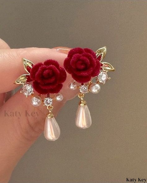 Katy Key - Exquisite Pair of Velvet Rose Shaped Earrings Adorned with Rhinestone Pearls for Elegant Style Velvet Pattern, Velvet Rose, Stud Jewelry, Watches Women Fashion, Burgundy Dress, Vintage Pearls, Flower Earrings Studs, Vintage Velvet, Butterfly Earrings