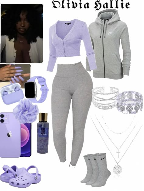 Comfy Purple Outfits, Outfit Inspo Layout, Grey Bodysuit Outfit Black Women, Babysitter Outfit Ideas, Purple Baddie Outfits, Outfits With Purple, Purple Fall Outfits Black Women, Chill Day Outfit, Baddie Purple Outfits