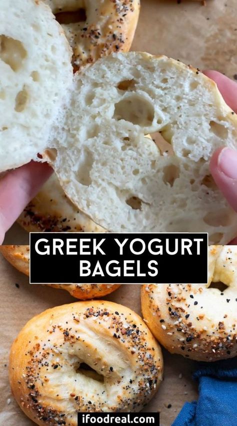 These Greek Yogurt Bagels are easy to make with 5 simple ingredients, no yeast, and no boiling! They�’re fluffy, delicious, and packed with 14 grams of protein. Bagels With Greek Yogurt, Greek Yogurt Bagels, Yogurt Bagels, Healthy Bagel, Bagel Recipe Easy, Yogurt Bread, Make Greek Yogurt, Homemade Greek Yogurt, Protein Bread