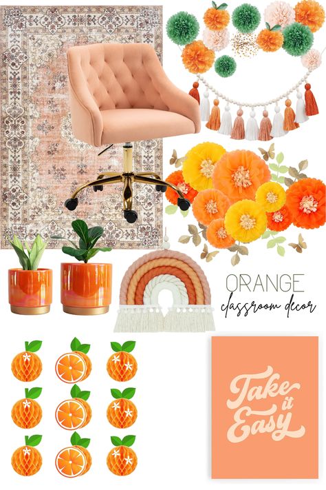 Citrus Classroom Theme, Orange Classroom Decor, Orange Classroom, Orange Office, Yellow Wall Decor, Office Themes, Elementary Classroom Decor, Spa Ideas, Color Decor