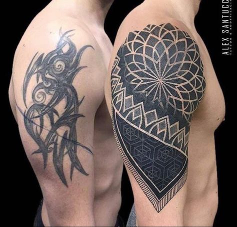 Chest Tattoo Cover Up, Shoulder Cover Up Tattoos, Tattoo Sleeve Cover Up, Tato Mandala, Cover Up Tattoos For Men, Tatuaje Cover Up, Cover Up Tattoos For Women, Mangas Tattoo, Geometric Sleeve Tattoo