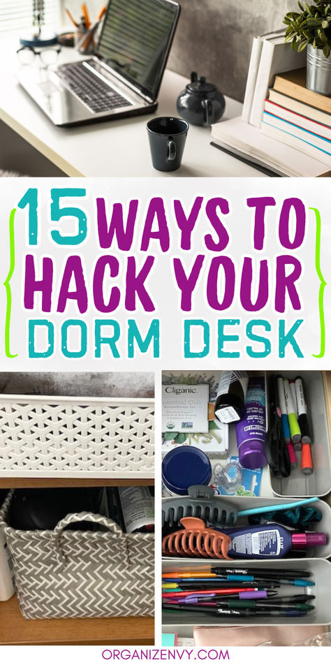 Dorm desk organizing ideas Desk Ideas Dorm, College Desk Organization, Dorm Desk Ideas, College Packing Checklist, Desk Organization College, Dorm Desk Organization, College Dorm Storage, Desk Organization Tips, Desk Organization Ideas