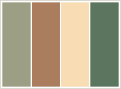 ColorCombo79 - ColorCombos.com color palettes, color schemes, color combos with hex colors codes #9C9F84, #A97D5D, #F7DCB4, #5C755E and color combination tags CACTUS, GREEN, MUESLI, ORANGE, ORANGE RED, SAGE, TAN, WHEAT, YELLOW GREEN. Tan Color Palette, Green Color Combinations, Beige Color Palette, Brown Color Schemes, Bathroom Color Schemes, Green Color Schemes, Kitchen Colour Schemes, Green Colour Palette, Room Color Schemes