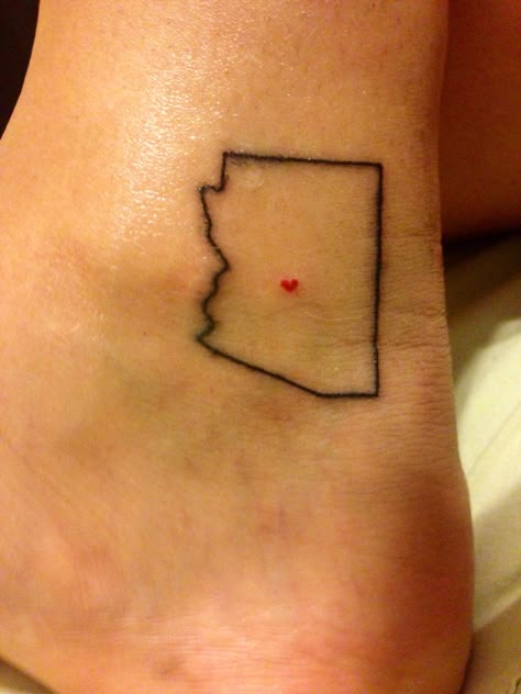 Arizona state outline tattoo. Move that heart a hundred miles south. Arizona State Outline Tattoo, Arizona Outline Tattoo, Arizona State Tattoo Ideas, Arizona State Tattoo, State Outline Tattoo, Az Tattoo Ideas, Az Tattoo, Small Arizona Tattoo, Arizona Tattoo Ideas