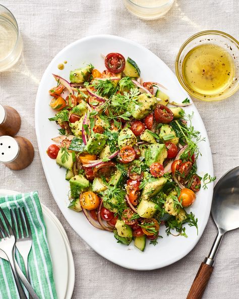 Avocado Salad with Tomatoes and Herbs | Kitchn Burger Side Dishes, Side Salads, Salads To Go, Leafy Green Salads, Summer Side Dishes, Summer Vegetable, Grilled Corn, Salad Dressing Recipes, Avocado Salad