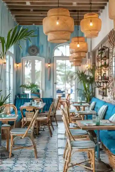 Image Outdoor Beach Restaurant Design, Beach Restraunt, Beach Themed Restaurant, Bistro Restaurant Design, Chair Design For Restaurant, Seafood Restaurant Design, Beach Club Design, Beach Bar Design, Wicker Lamps