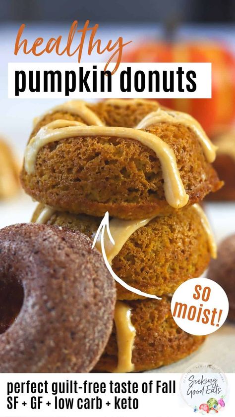 Healthy Pumpkin Spice Donuts are so tasty, moist, and delicious. Get ready to usher in Fall with a keto donut sweet treat! So good you'll be surprised these are healthy donuts. These baked donuts are gluten-free, low-carb, sugar-free, and keto. Pumpkin Donuts | Pumpkin Spice | Keto Donuts | Gluten Free Donuts Pumpkin Donuts Baked, Donuts Video, Low Carb Donut, Donut Baking Pan, Pumpkin Cream Cheese Pie, Keto Donuts, Pumpkin Recipes Healthy, Healthy Donuts, Pumpkin Spice Donut