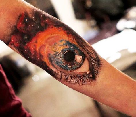 Tattoo photo - Space eye tattoo by Adrian Lindell Unique Tattoos For Men, Inner Bicep Tattoo, Bicep Tattoo, Realistic Tattoo, World Tattoo, 3d Tattoos, 3d Tattoo, Large Tattoos, Ink Master