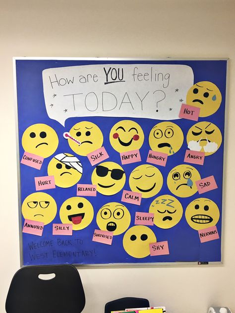 Emoji bulletin board, how are you feeling today, nurses office, elementary school, bilingual Feeling Bulletin Boards, School Office Room Decoration Ideas, My Emotions And Feelings Bulletin Board, Feeling Board Preschool, Emoji Bulletin Board Ideas For School, Feeling Board Classroom, How Are You Feeling Bulletin Board, Social Emotional Bulletin Board Ideas Preschool, Feelings And Emotions Bulletin Board