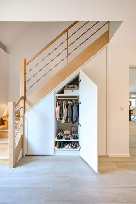 a wardrobe built into the staircase is a cool idea, especially if you don't have space for a mudroom Small Staircase Ideas, Living Room Under Stairs, Under Stairs Space, Under Stairs Storage Ideas, Stairs Storage Ideas, Understair Storage, Under Stairs Nook, Room Under Stairs, Stair Nook