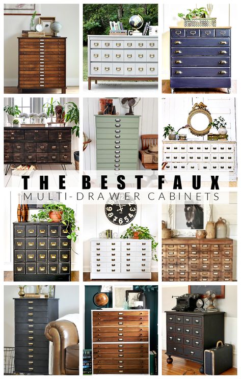 INCREDIBLE FURNITURE MAKEOVERS! The best faux multi-drawer cabinets! #fauxcardcatalog #cardcatalog #apothecarycabinet #multidrawercabinet Ikea Hack Apothecary Cabinet, Farmhouse Apothecary Cabinet, Apothecary Furniture Diy, Apothecary Closet Ideas, Faux Apothecary Drawers, Diy Apothecary Cabinet From Dresser, Apothecary Cabinet Decor, Faux Apothecary Cabinet Diy, Faux Apothecary Cabinet