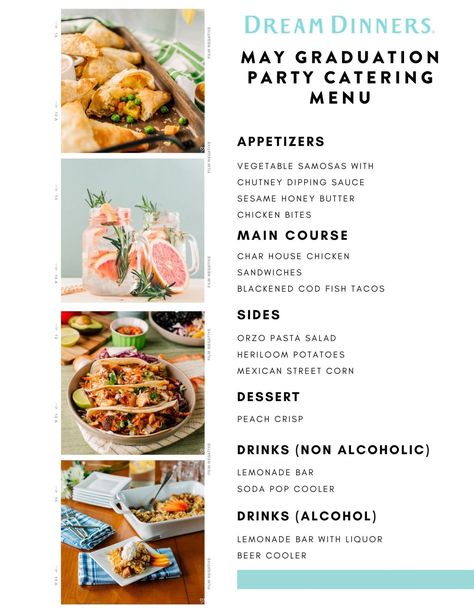 Diy Catering Ideas Budget, Brunch Catering Menu Ideas, Wedding Catering Menu Ideas, Lunch Catering Menu Ideas, Catering Menu Ideas Meals, Graduation Menu Ideas, Event Menu Ideas, Diy Catering Ideas, Sides For Fish Tacos