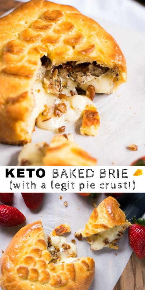 Gluten Free & Keto Baked Brie (with a legit pie crust!) #keto #ketodiet #ketorecipes #glutenfree #brie #lowcarb Pie Crust Brie Appetizer, Baked Brie With Pie Crust, Gluten Free Baked Brie, Keto Brie Recipe, Baked Brie Pie Crust, Keto Baked Brie, Brie Pie Crust Appetizer, Baked Brie In Pie Crust, Party Appetizers Gluten Free