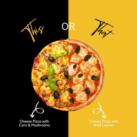 This or That pizza 
Social Media Graphic Image Tandoori Pizza, Spicy Asian Noodles, Recipe Graphic, Monster Pizza, Fast Food Advertising, Pizza King, Pizzeria Design, Pizza Poster, Pizza Branding