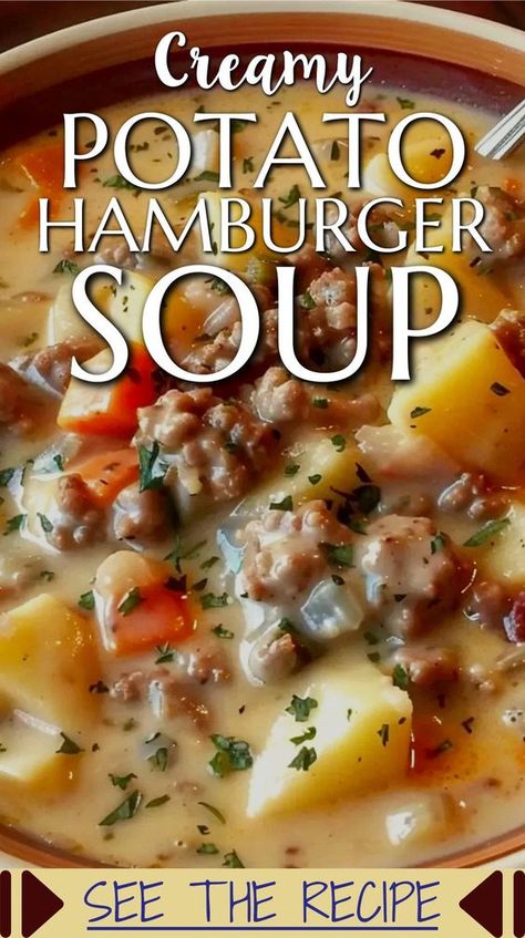 Creamy Potato Hamburger Soup - hearty homemade soup with ground beef for Fall school night dinners or quick easy make ahead winter weeknight meals from Easy Soup Recipes With Few Ingredients To Make Ahead and Freeze Soups For One Or Two, Easy Quick Soup Recipes Simple, Hamburger Soup With Potatoes, Hamburger Potato Cheese Soup, Hamburg Soup Recipes Ground Beef, Slow Cooker Hamburger Potato Soup, Quick Easy Cold Weather Meals, Cockpit Soups, Easy Soup Recipes Quick Ground Beef