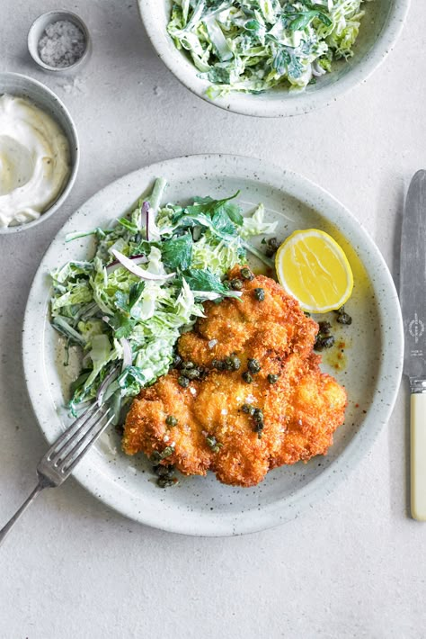 Chicken Schnitzel with Herb Salad — THE HUNGRY COOK Herby Salad, Fried Capers, Crunchy Chicken, Brown Butter Sauce, Chicken Schnitzel, Herb Salad, Slow Cooked Beef, Butter Sauce, Salad Ingredients