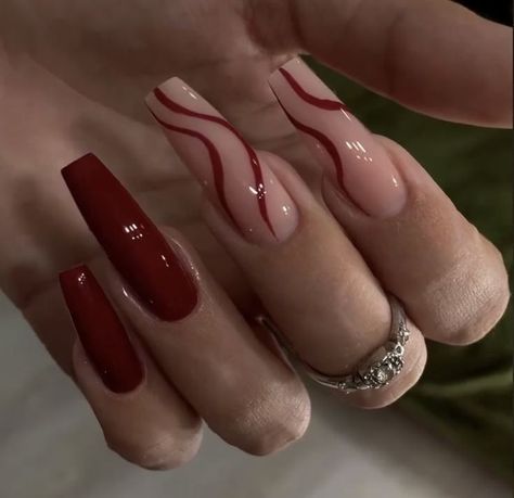 Red Nail Inspo Acrylic Coffin, Red Nails Mid Length, Red Acrylics With Design, Burgandy Coffin Acrylic Nails, Long Nails Inspiration Art Designs, Simple Red Nails Designs, Red Nail Styles, Medium Length Red Nails, Beige And Red Nails